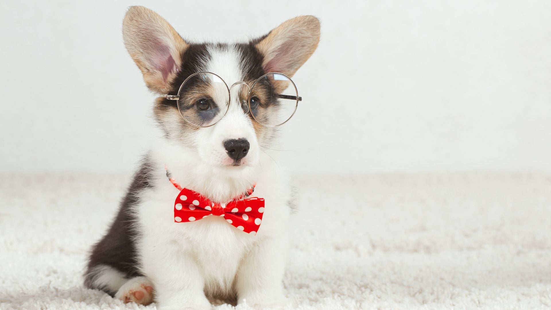 Header picture for Paw Palace SG website. A small black, white, and tan puppy wearing round wire-frame glasses and a red bow tie with white polka dots, sitting on a white textured surface against a white background.